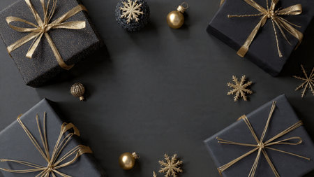 A refined holiday layout showcasing premium gold ornaments resting on matte-black textures.の写真素材