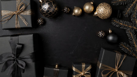 A matte-black holiday background dusted subtly with shimmering gold snowflakes.の写真素材