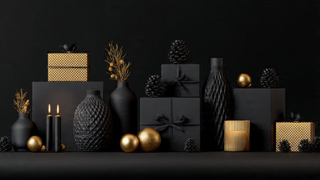 A dark festive setup combining matte-black textures and radiant gold ornaments.の写真素材