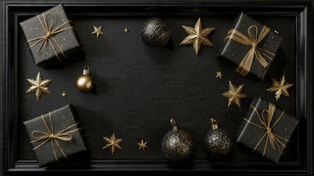 A premium black holiday layout featuring elegant golden accents and upscale festive pieces.の写真素材