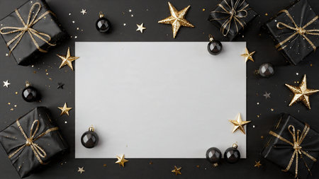 A velvety black background paired with radiant gold ornaments and upscale gift boxes creates a sophisticated holiday display.の写真素材