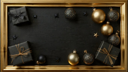 Pure-gold decorative features placed perfectly against a matte-black festive backdrop.の写真素材