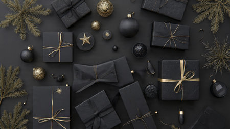 Golden silhouettes elegantly contrast against a deep noir festive background.の写真素材