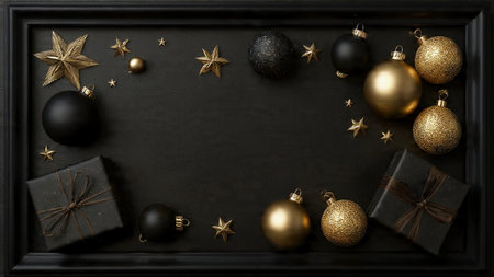 A sophisticated matte-black holiday scene enhanced with glowing pure-gold ornaments and premium gift styling.の写真素材