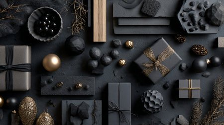 Metallic gold ornaments and premium gift boxes arranged on a matte-black luxury background.の写真素材