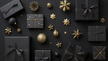 A deluxe holiday frame arrangement with gold stars, baubles, and luxury gift boxes.の写真素材