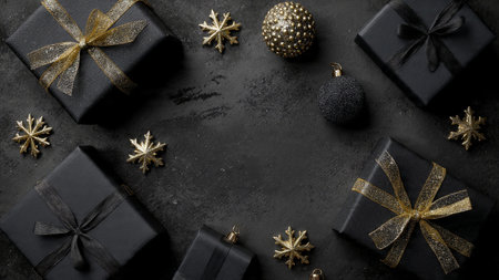 A dramatic matte-black canvas adorned with luminous gold elements for a premium visual experience.の写真素材