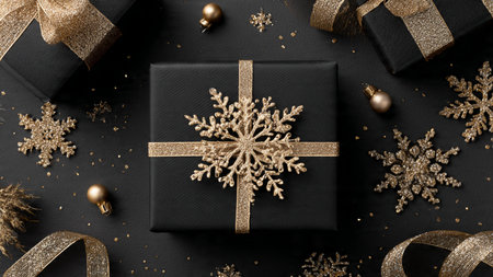 A lavish black holiday still life glowing with pure-gold highlights.の写真素材