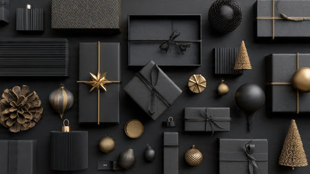 A timeless matte-black holiday design decorated with antique gold ornaments.の写真素材
