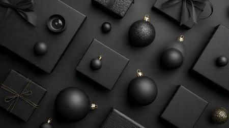 Luxurious gold ornaments arranged over a soft matte-black surface, creating a rich holiday mood.の写真素材