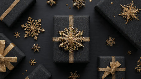 A glamorous gold-focused holiday scene set against a matte-black base.の写真素材