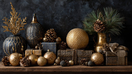 Deep velvet-black textures paired with premium gold holiday elements.の写真素材