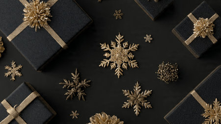 A dramatic, studio-lit holiday setup mixing black minimalism with bold gold tones.の写真素材