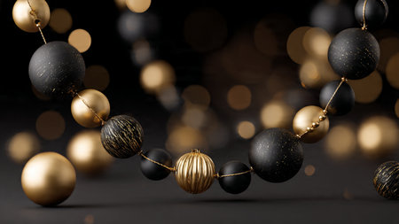 Vintage-style gold gift accents paired with textured black surfaces.の写真素材