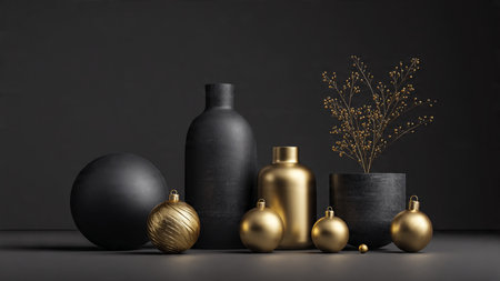 A premium seasonal flatlay featuring pure-gold decorations on a velvet-black backdrop.の写真素材