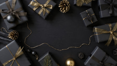 A modern holiday mockup featuring matte-black styling and shimmering pure-gold accents for a dramatic seasonal touch.の写真素材