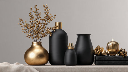 A curated holiday collection mixing matte-black textures with polished gold ornaments.の写真素材