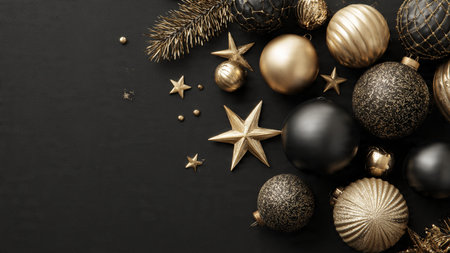 A glowing pure-gold centerpiece contrasted against a black holiday background.の写真素材