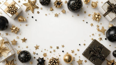 Delicate gold overlays enhance a beautifully balanced matte-black seasonal background.の写真素材