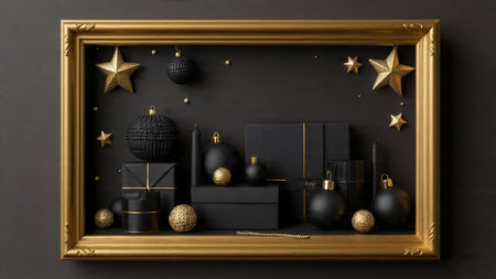 A night-themed black scene with luxurious, glowing gold holiday adornments.の写真素材