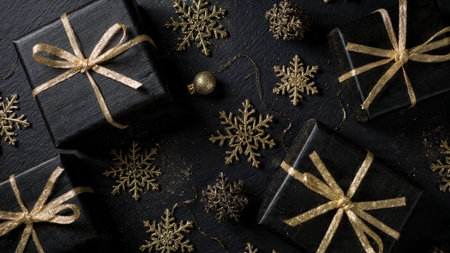 A dramatic arrangement of ornaments with rich black surfaces and gold pops.の写真素材