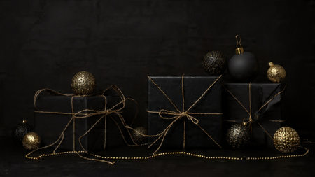 Pure-gold ornaments placed strategically across a dark black matte canvas for high-impact visuals.の写真素材