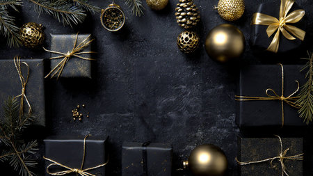 Elegant holiday elements softly illuminated over deep black tones.の写真素材
