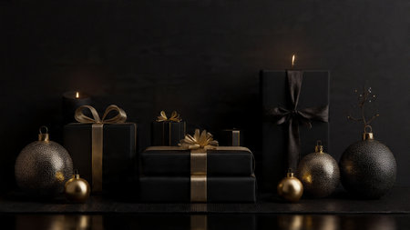 A top-view mockup with golden snowflakes arranged beautifully over a deep matte-black backdrop.の写真素材