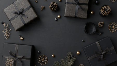 A midnight-black surface illuminated with glowing pure-gold decorations.の写真素材