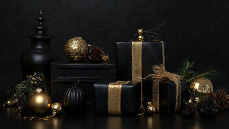 Fashionable holiday gifts in matte-black with premium gold accents.の写真素材