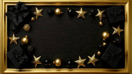 A shadow-rich black backdrop with strong gold highlights for a cinematic festive mood.の写真素材