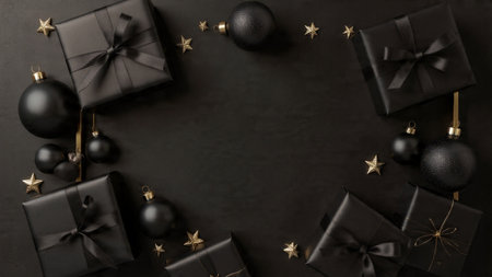 A sculptural arrangement of gold ornaments on a matte-black creative background.の写真素材