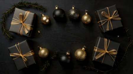 Elegant gold-toned holiday gift accessories placed on matte-black wrapping.の写真素材