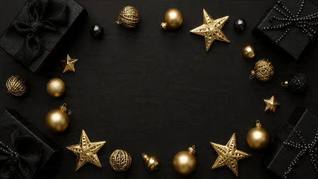 Premium holiday gifts wrapped in black with gold ribbon presented in a clean arrangement.の写真素材