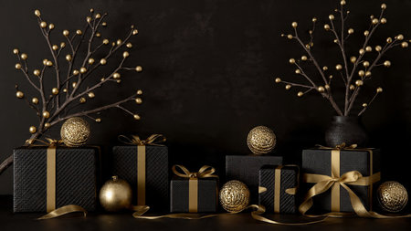 Gold-wrapped gifts and ornaments arranged on a clean matte-black flatlay scene.の写真素材