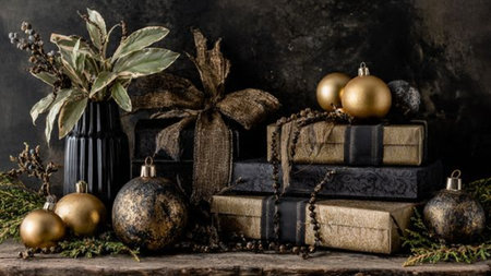 A striking contrast between matte-black surfaces and high-reflective gold ornaments.の写真素材