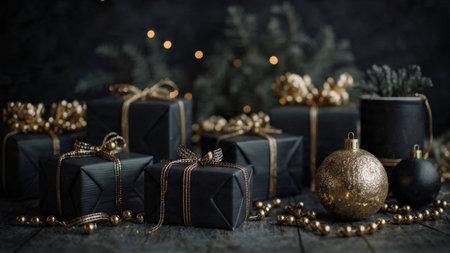 A modern matte-black layout complemented with premium gold decorative touches.の写真素材