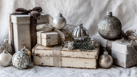 Vintage Christmas ornaments and gift boxes on rustic backgroundの写真素材