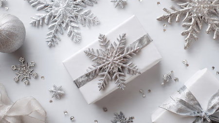 Christmas composition. Gifts, snowflakes on white background. Flat lay, top view, copy spaceの写真素材