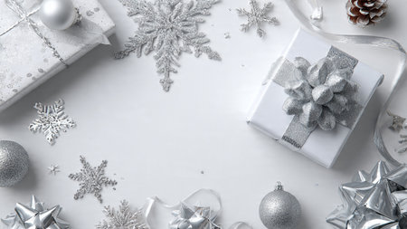 Christmas and New Year background with gift boxes, silver decorations and snowflakes. Top view, flat...
