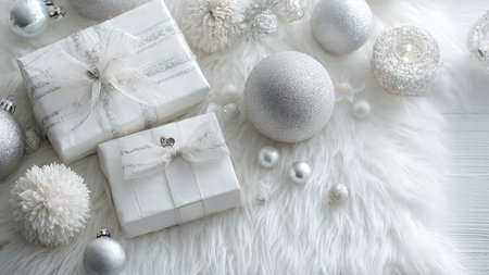 Christmas background with white gift boxes and christmas balls on white furの写真素材