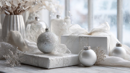 Beautiful Christmas decorations on table, closeup. Space for text
