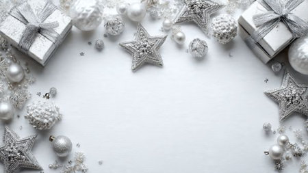 Christmas and New Year background with silver decorations, gift boxes and snowflakes.の写真素材