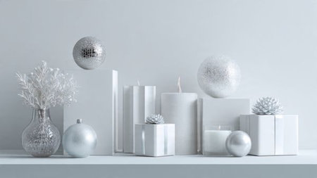 Christmas composition. Christmas decorations, candles, gift boxes on white shelf. Christmas, winter,...