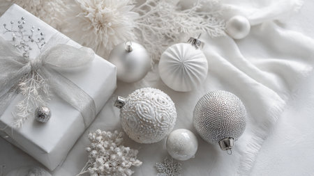 Christmas background with white balls, gift boxes and decorations on a white background