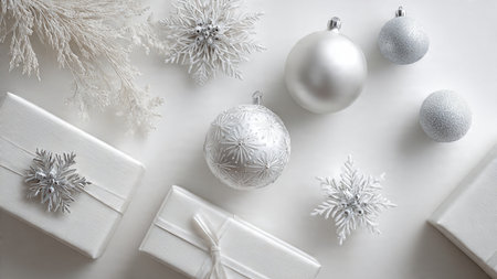 Christmas and New Year background with white gift boxes, silver balls and snowflakesの写真素材