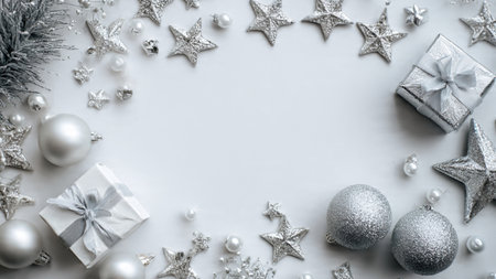 Christmas background with silver decorations and gift box on white. Top view with copy spaceの写真素材