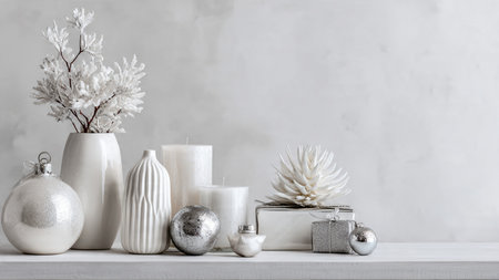 Christmas decorations in white vases, candles and snowflakes on a white wooden shelf