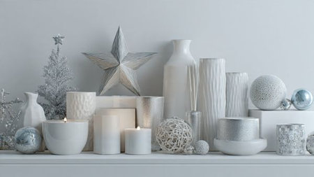 Christmas Decorations on a white shelf in a modern living room