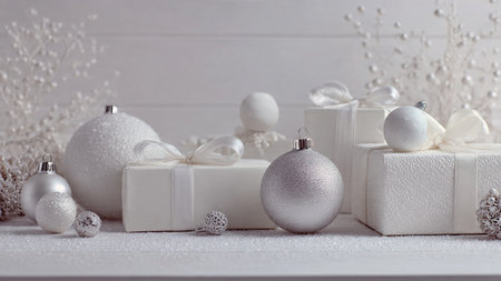 Christmas composition with white gift boxes and silver balls on white wooden background